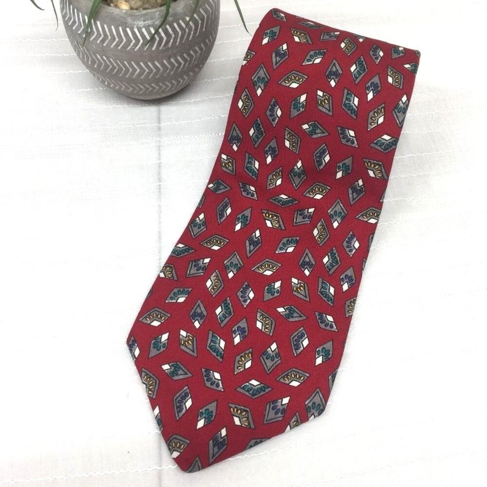 ROBERT TALBOTT Red Gray Geometric Print Classic Wide Width Silk Tie